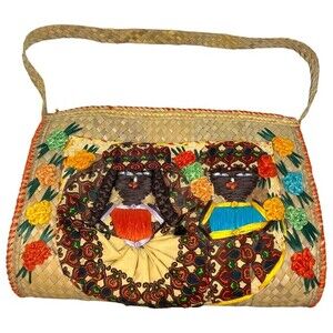 Vintage Caribbean Hand Woven Large Straw Grass Raffia Shoulder Bag Floral People